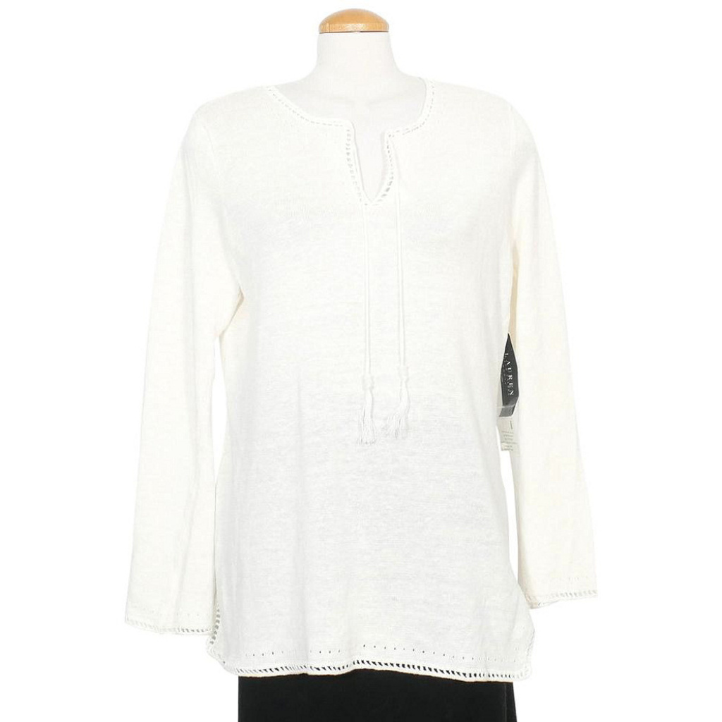 White Linen Knit Split Tie Neck Tunic Sweater 1x